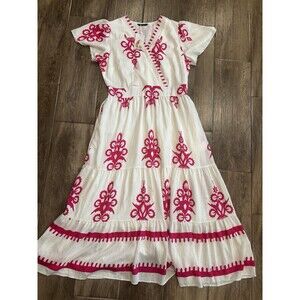 NWT Women’s Hot Pink & White Graphic Print Maxi Dress Size L Elastic Waist